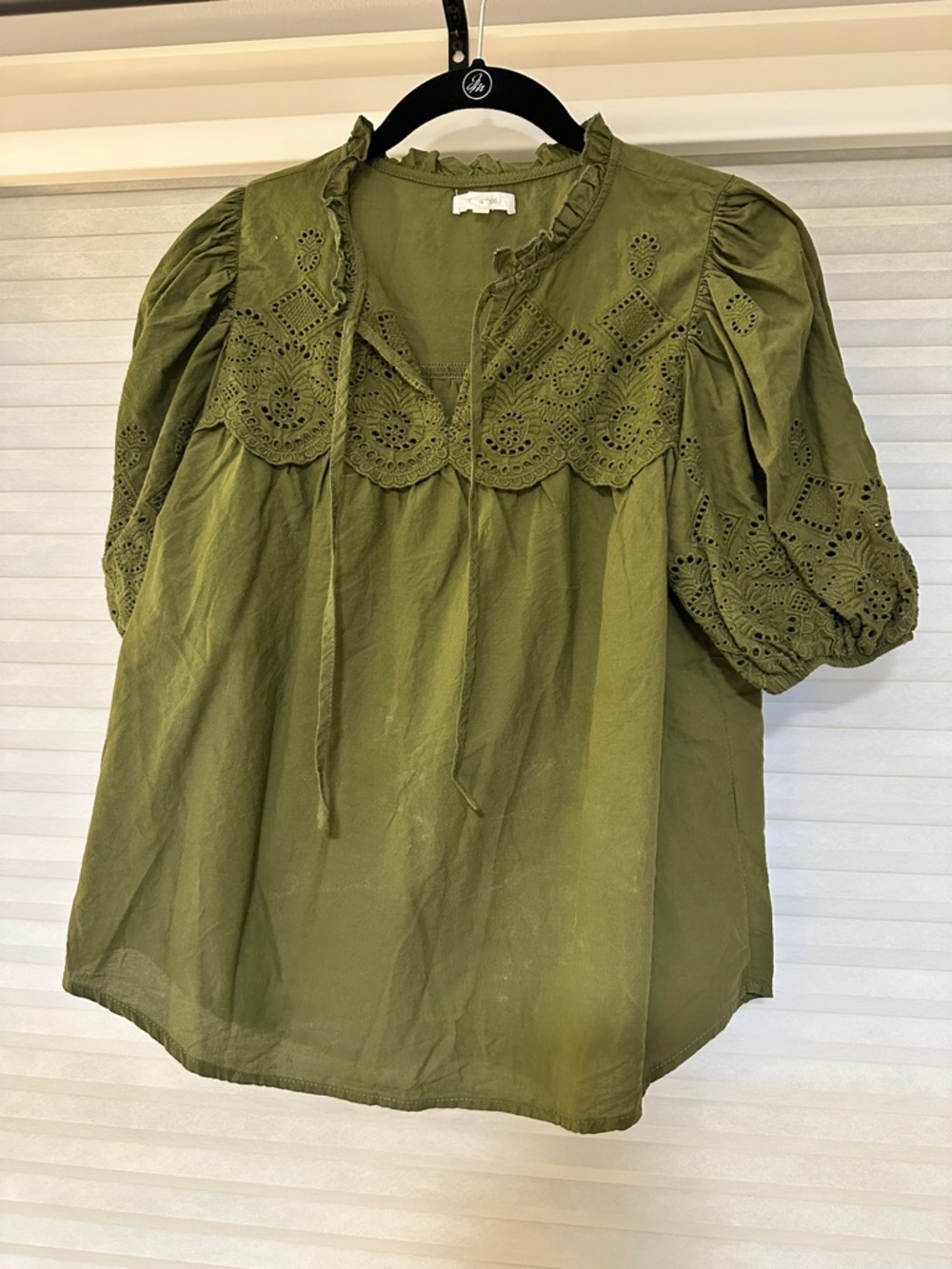 Maurices Olive Eyelet Puff-Sleeve Peasant Top